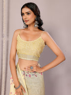Janasya Light Yellow Cotton Linen Floral Printed Saree | Grocsy