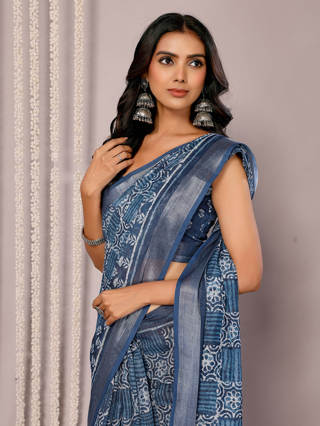 Janasya Navy Blue Cotton Linen Block Print Printed Saree | Grocsy