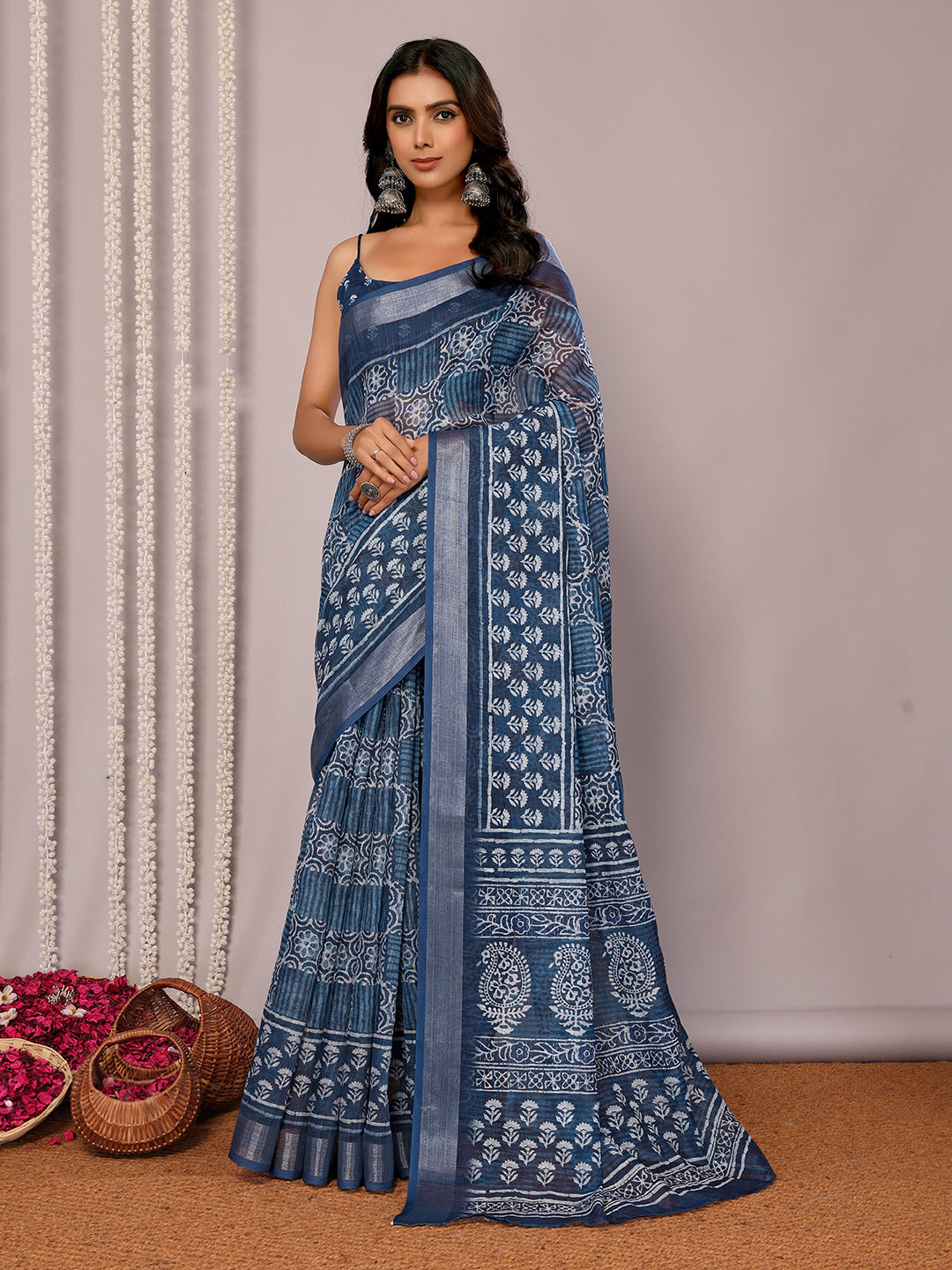 Janasya Navy Blue Cotton Linen Block Print Printed Saree | Grocsy
