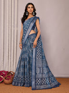 Janasya Navy Blue Cotton Linen Block Print Printed Saree | Grocsy