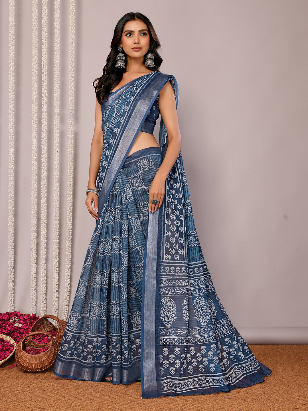 Janasya Navy Blue Cotton Linen Block Print Printed Saree | Grocsy
