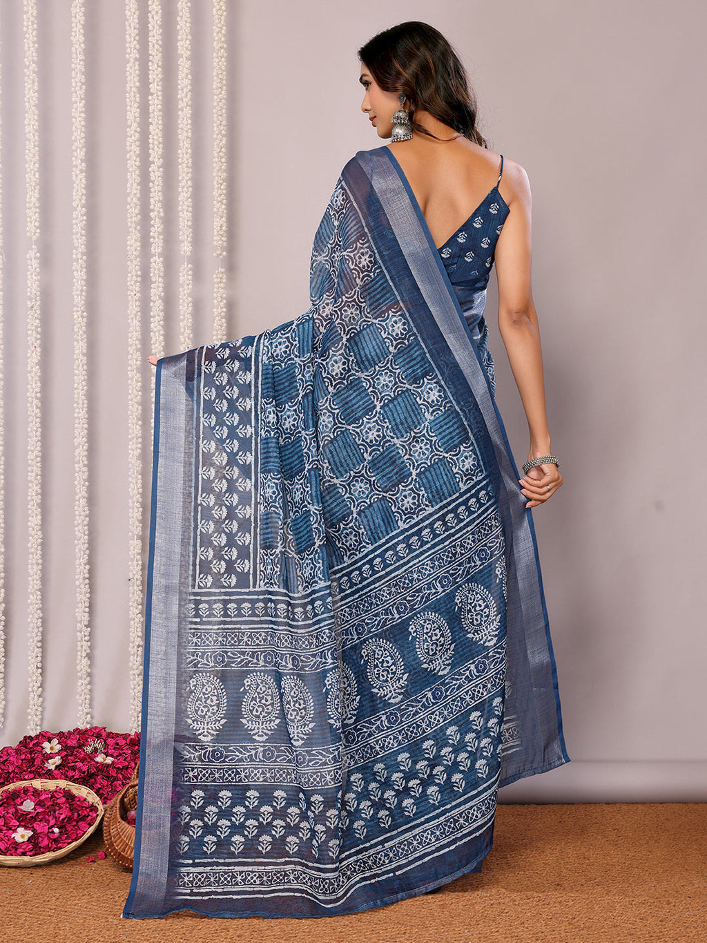 Janasya Navy Blue Cotton Linen Block Print Printed Saree | Grocsy