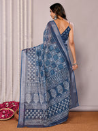 Janasya Navy Blue Cotton Linen Block Print Printed Saree | Grocsy