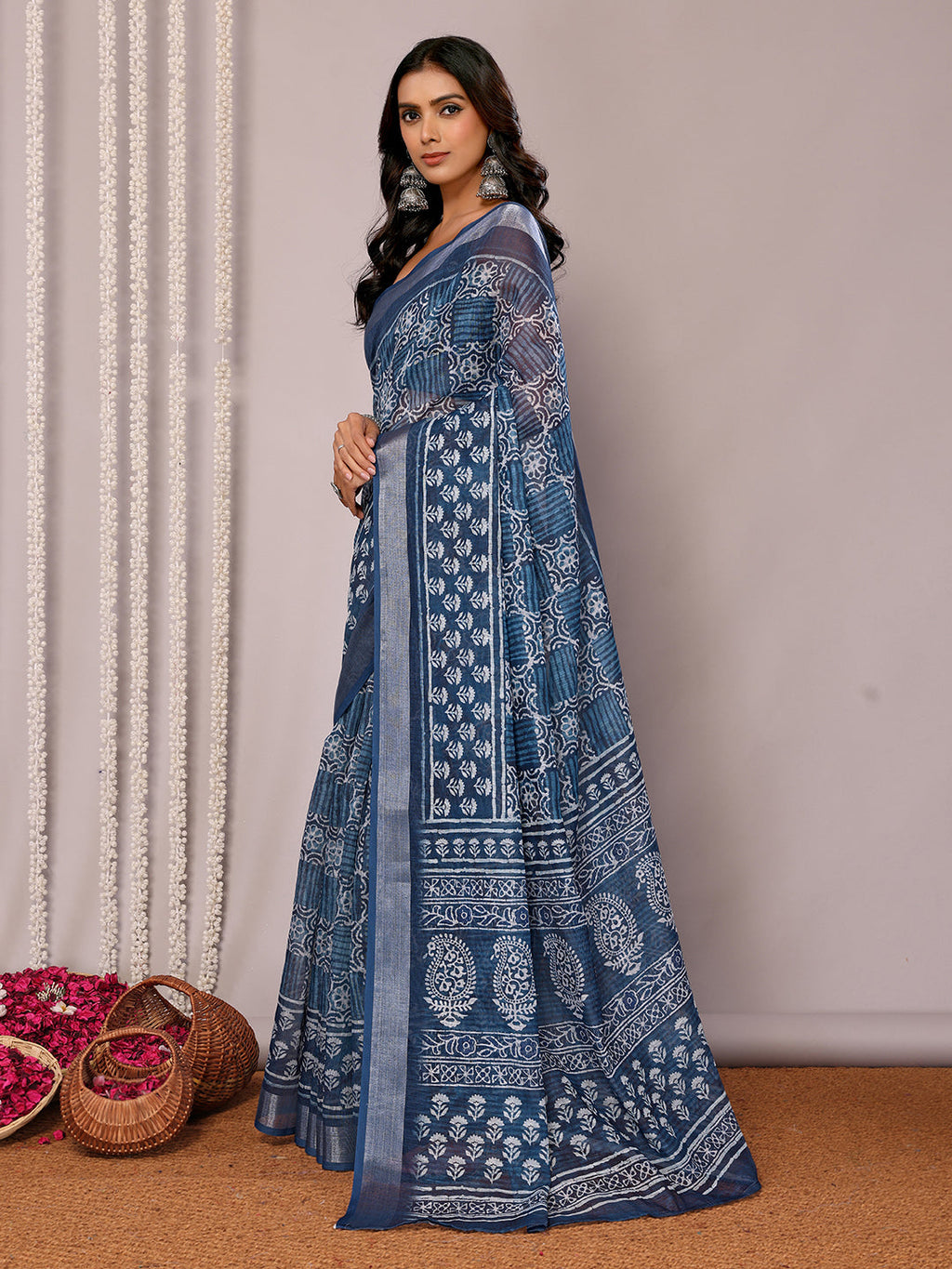 Janasya Navy Blue Cotton Linen Block Print Printed Saree | Grocsy