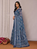 Janasya Navy Blue Cotton Linen Block Print Printed Saree | Grocsy