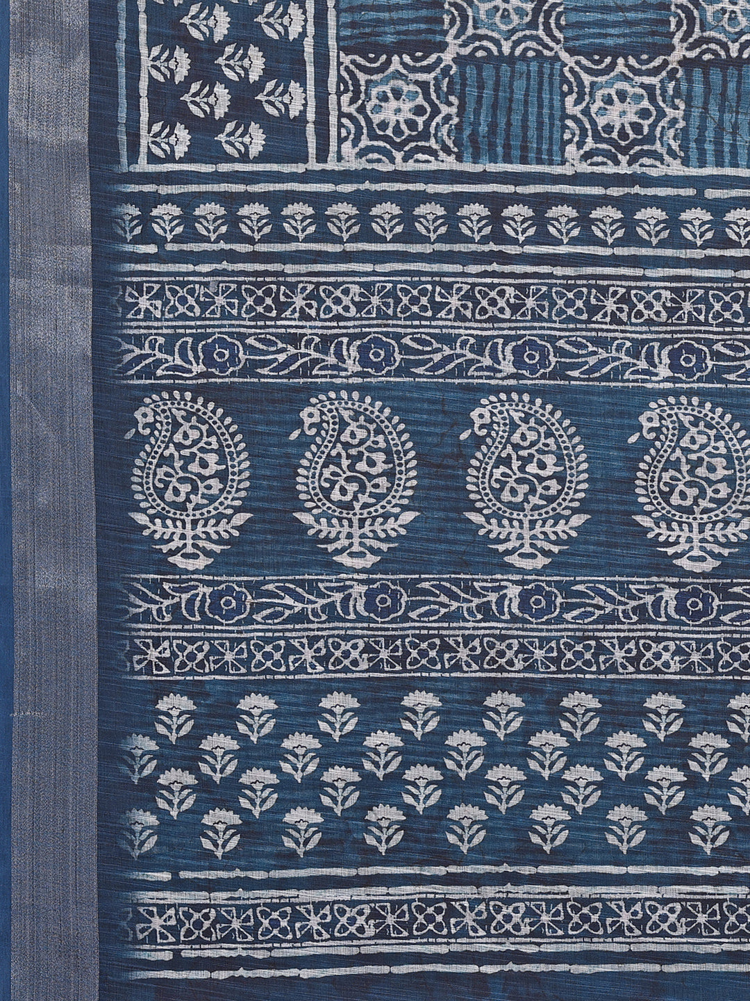 Janasya Navy Blue Cotton Linen Block Print Printed Saree | Grocsy