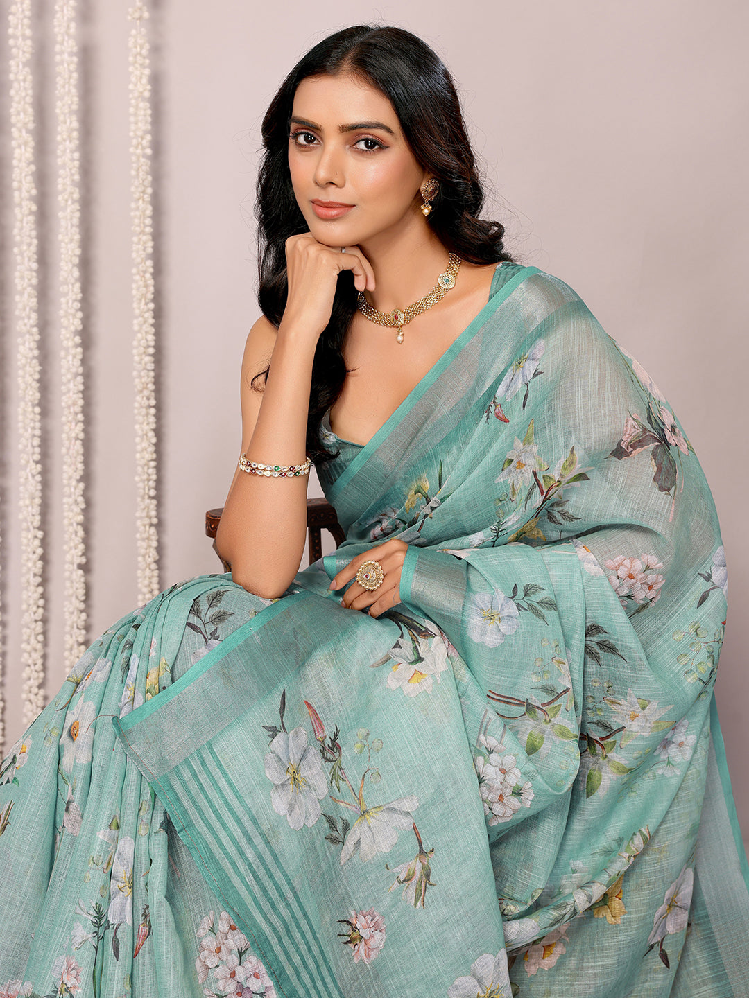 Janasya Sage Green Cotton Linen Floral Printed Saree | Grocsy