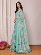 Janasya Sage Green Cotton Linen Floral Printed Saree | Grocsy