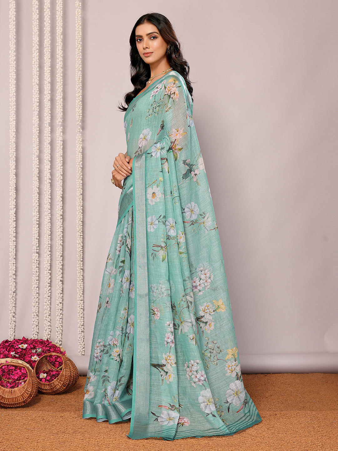 Janasya Sage Green Cotton Linen Floral Printed Saree | Grocsy
