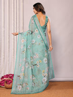 Janasya Sage Green Cotton Linen Floral Printed Saree | Grocsy