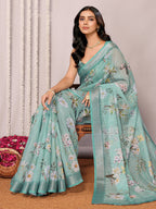 Janasya Sage Green Cotton Linen Floral Printed Saree | Grocsy