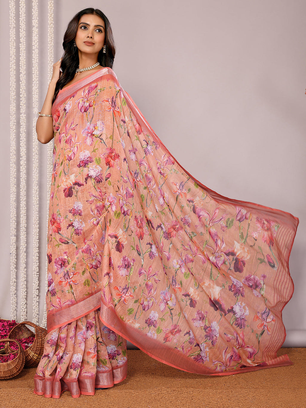 Janasya Peach Cotton Linen Floral Printed Saree | Grocsy