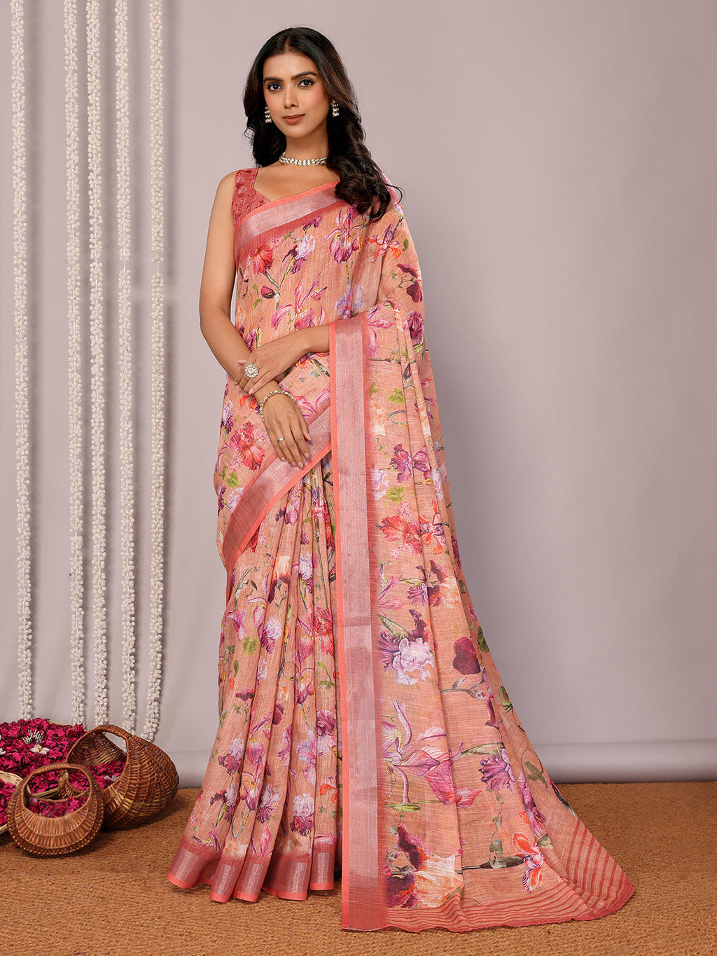 Janasya Peach Cotton Linen Floral Printed Saree | Grocsy