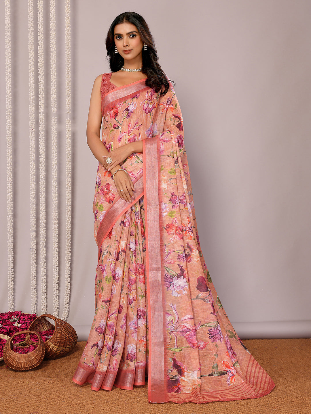 Janasya Peach Cotton Linen Floral Printed Saree | Grocsy
