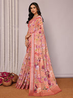 Janasya Peach Cotton Linen Floral Printed Saree | Grocsy