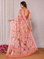 Janasya Peach Cotton Linen Floral Printed Saree | Grocsy