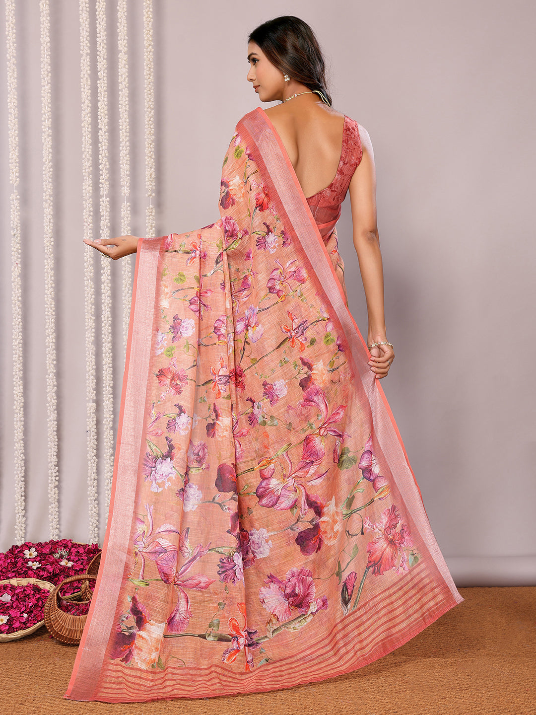 Janasya Peach Cotton Linen Floral Printed Saree | Grocsy