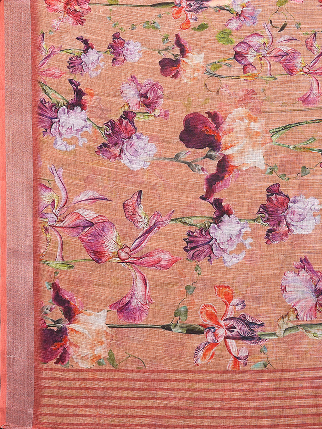 Janasya Peach Cotton Linen Floral Printed Saree | Grocsy