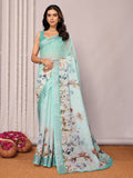 Janasya Sea Green Cotton Linen Floral Printed Saree | Grocsy