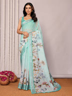 Janasya Sea Green Cotton Linen Floral Printed Saree | Grocsy