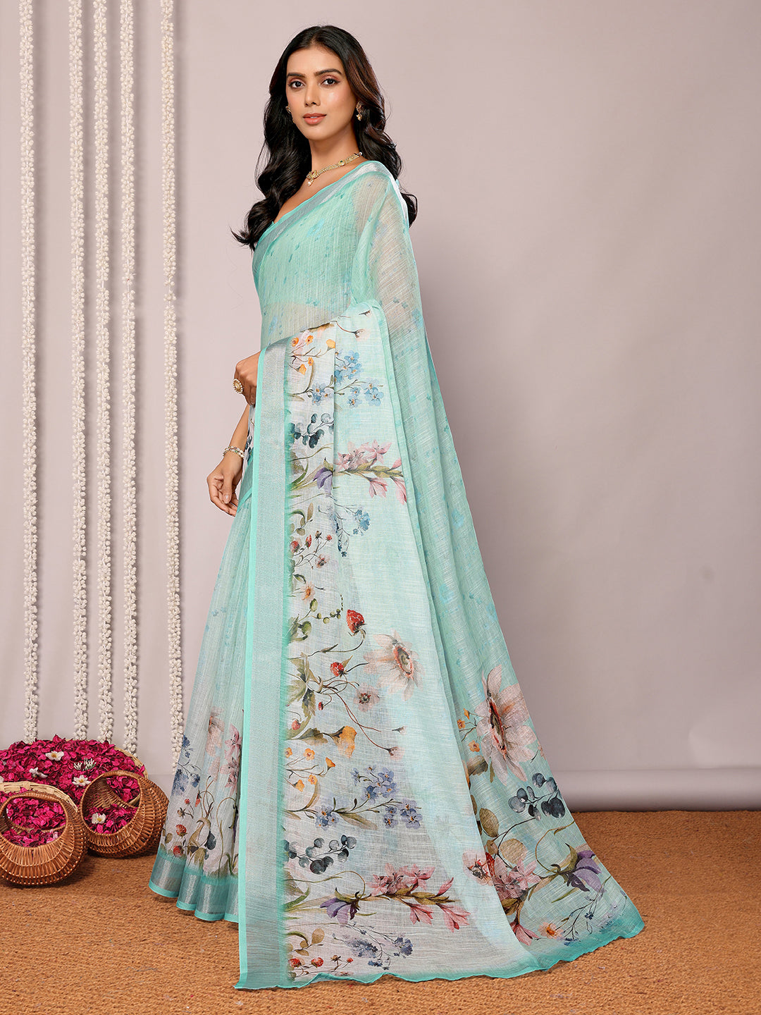 Janasya Sea Green Cotton Linen Floral Printed Saree | Grocsy