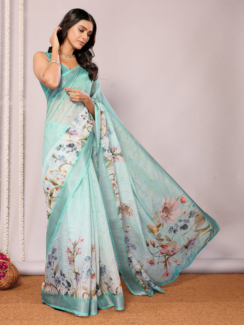 Janasya Sea Green Cotton Linen Floral Printed Saree | Grocsy