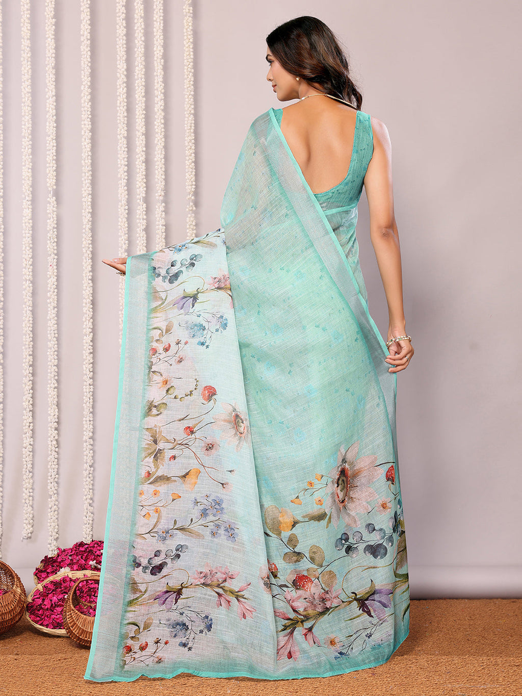 Janasya Sea Green Cotton Linen Floral Printed Saree | Grocsy