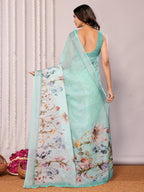 Janasya Sea Green Cotton Linen Floral Printed Saree | Grocsy