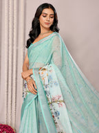 Janasya Sea Green Cotton Linen Floral Printed Saree | Grocsy