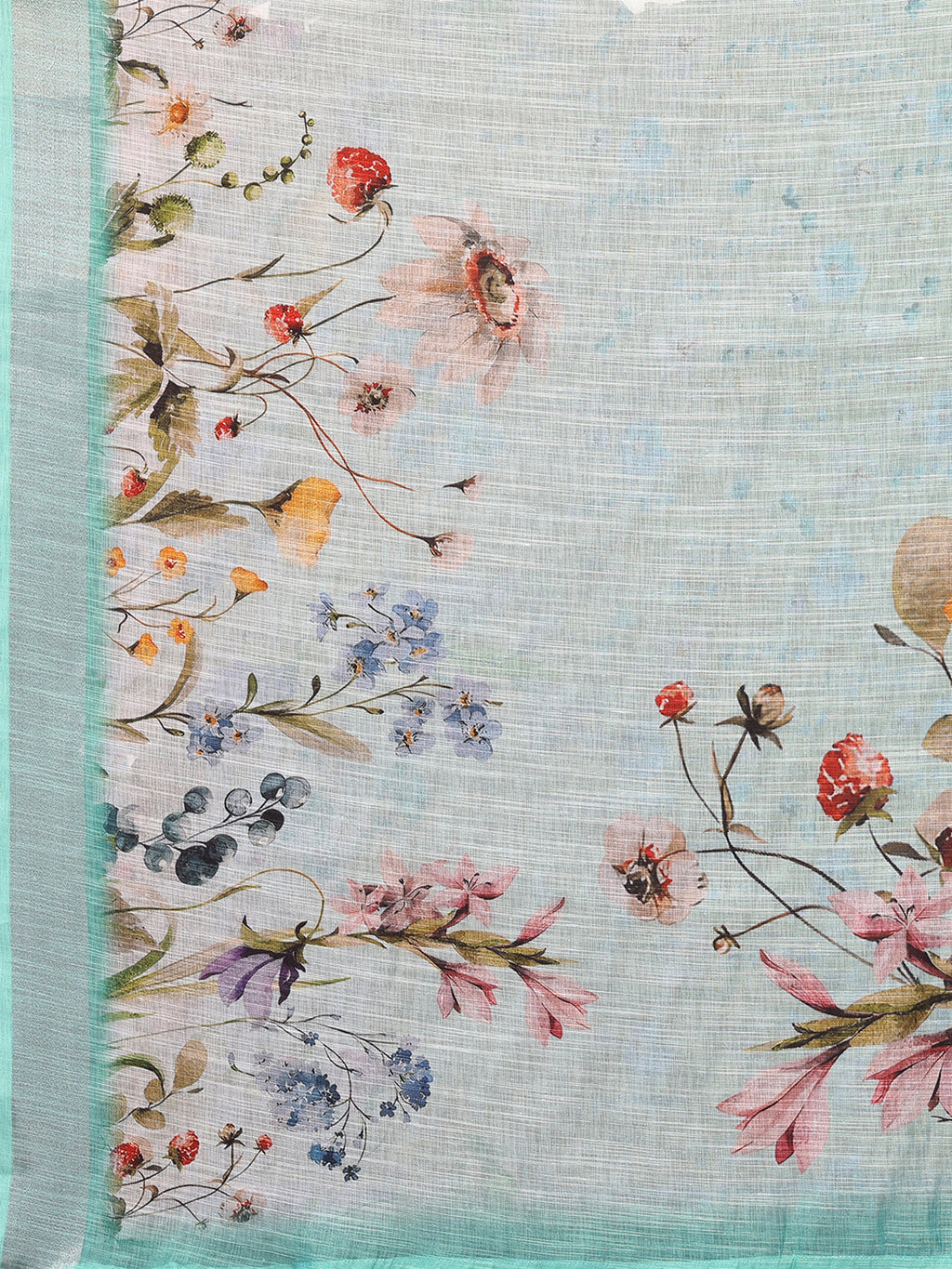 Janasya Sea Green Cotton Linen Floral Printed Saree | Grocsy