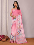 Janasya Pink Cotton Linen Floral Printed Saree | Grocsy
