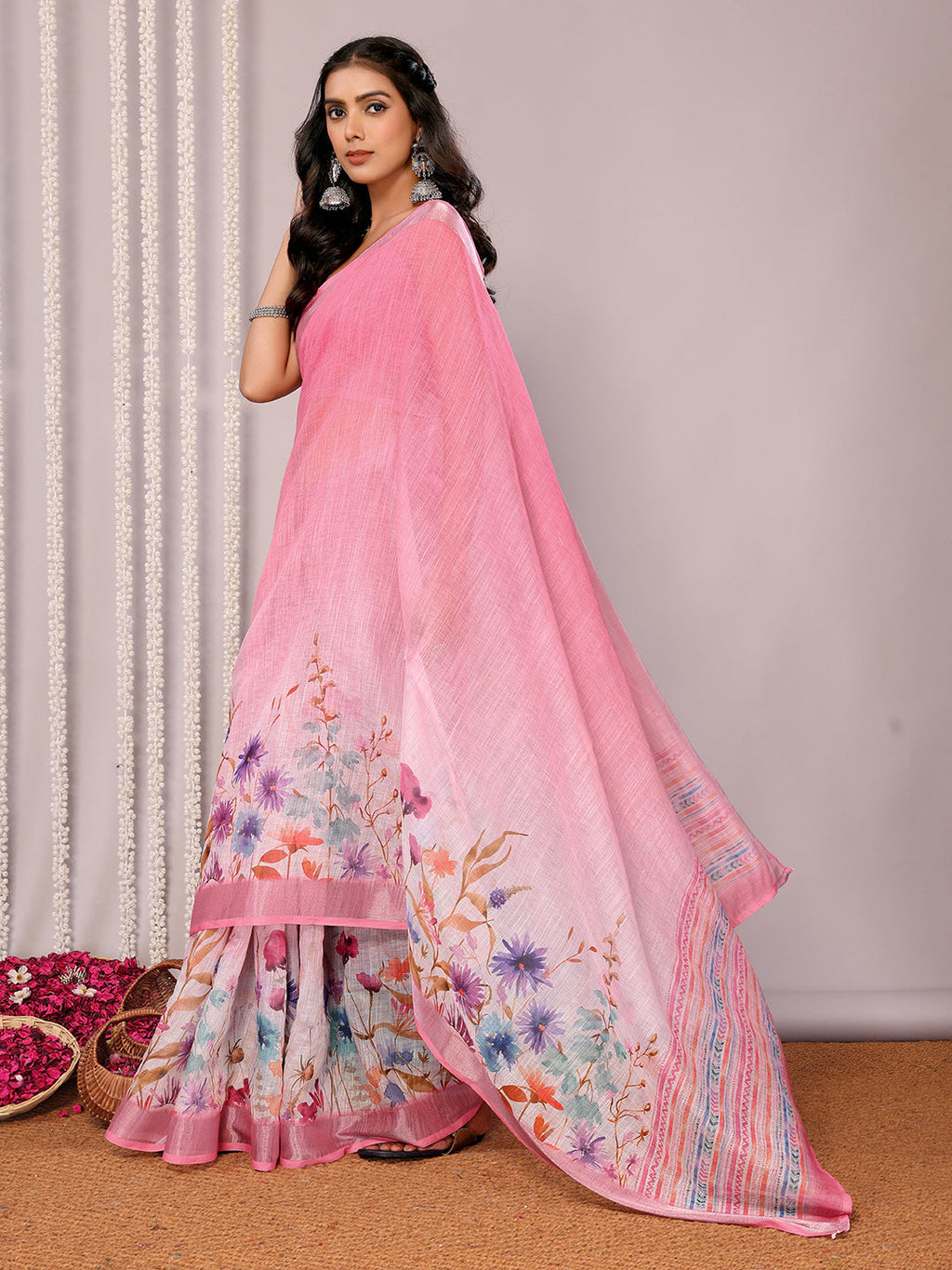 Janasya Pink Cotton Linen Floral Printed Saree | Grocsy