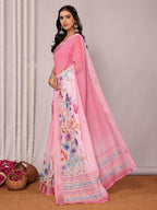 Janasya Pink Cotton Linen Floral Printed Saree | Grocsy