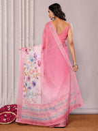 Janasya Pink Cotton Linen Floral Printed Saree | Grocsy