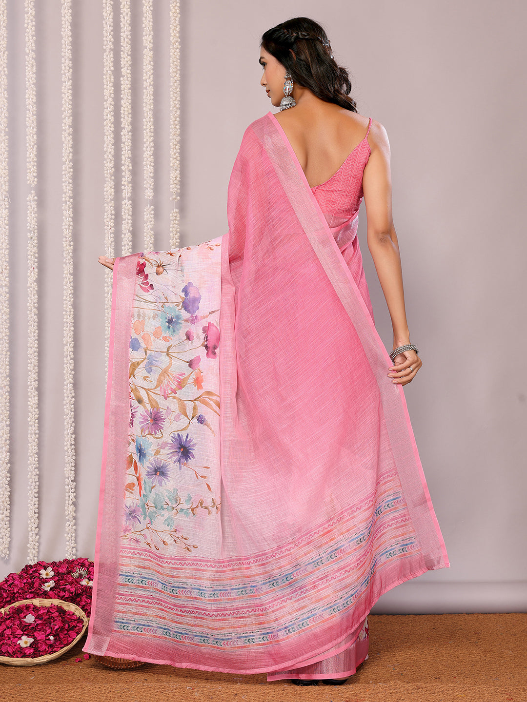 Janasya Pink Cotton Linen Floral Printed Saree | Grocsy