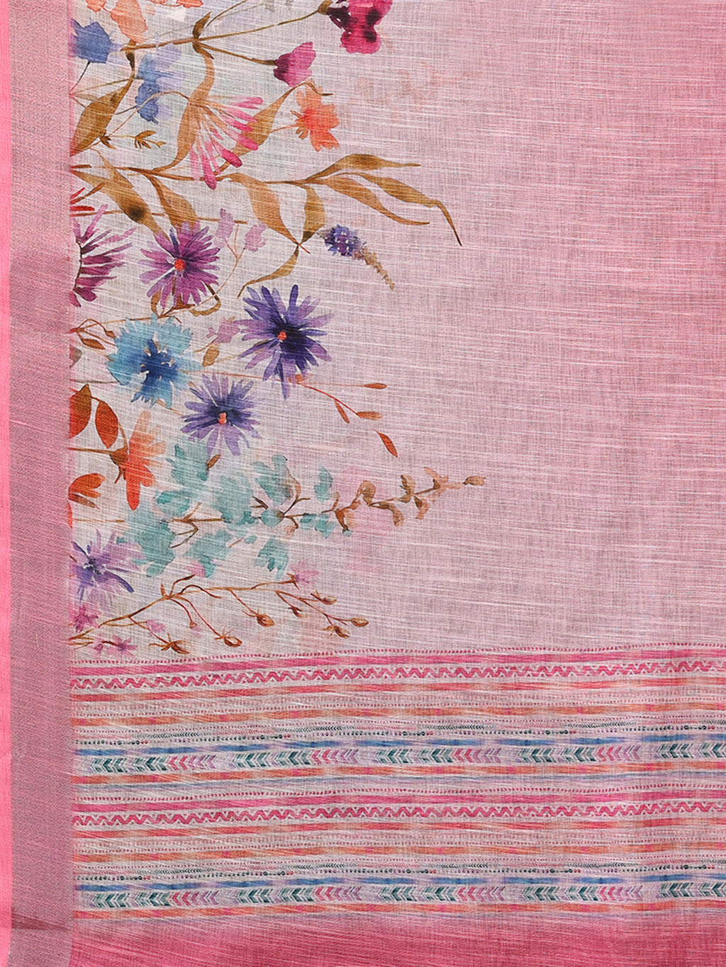 Janasya Pink Cotton Linen Floral Printed Saree | Grocsy