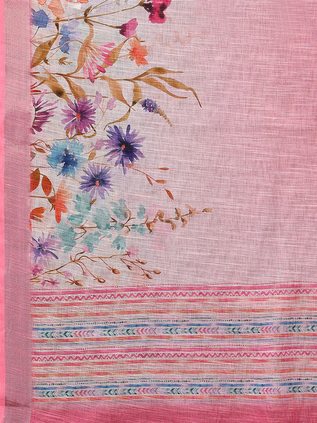 Janasya Pink Cotton Linen Floral Printed Saree | Grocsy