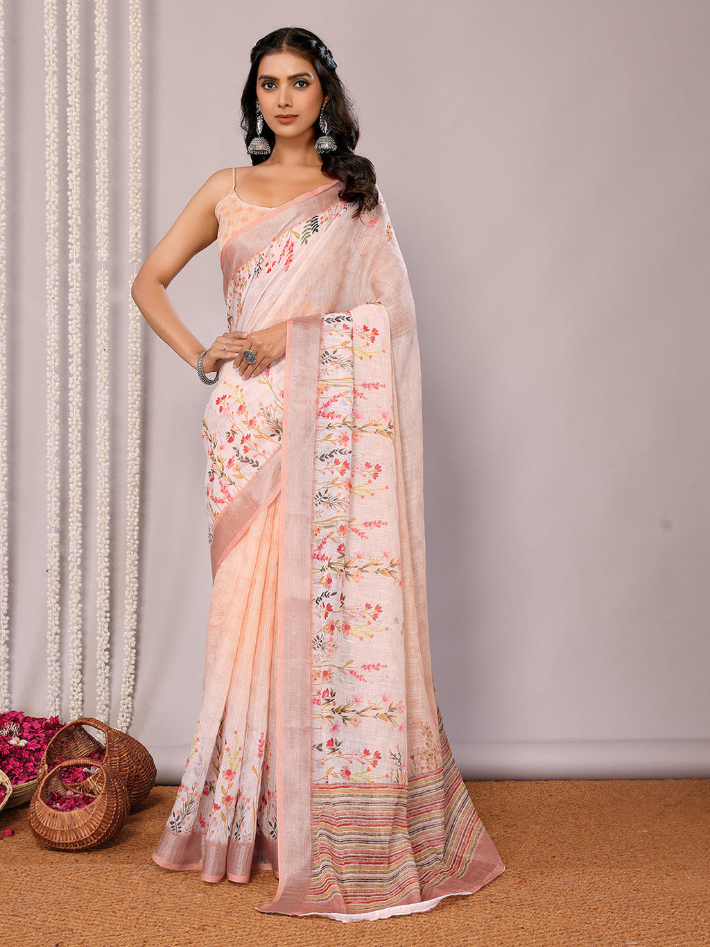 Janasya Peach Cotton Linen Floral Printed Saree | Grocsy