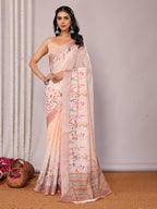 Janasya Peach Cotton Linen Floral Printed Saree | Grocsy