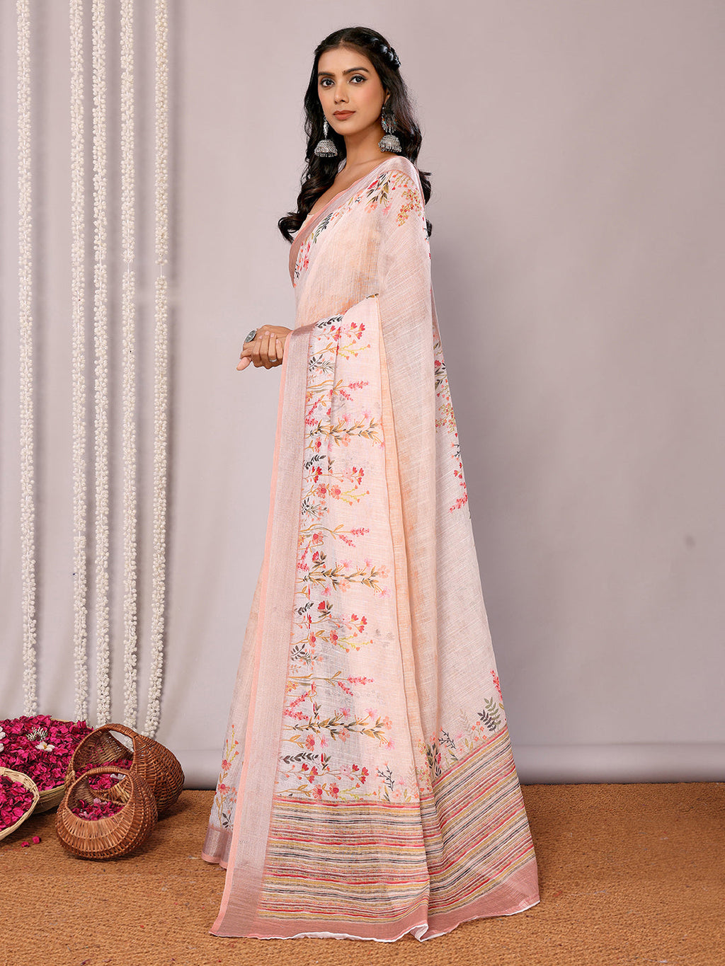 Janasya Peach Cotton Linen Floral Printed Saree | Grocsy