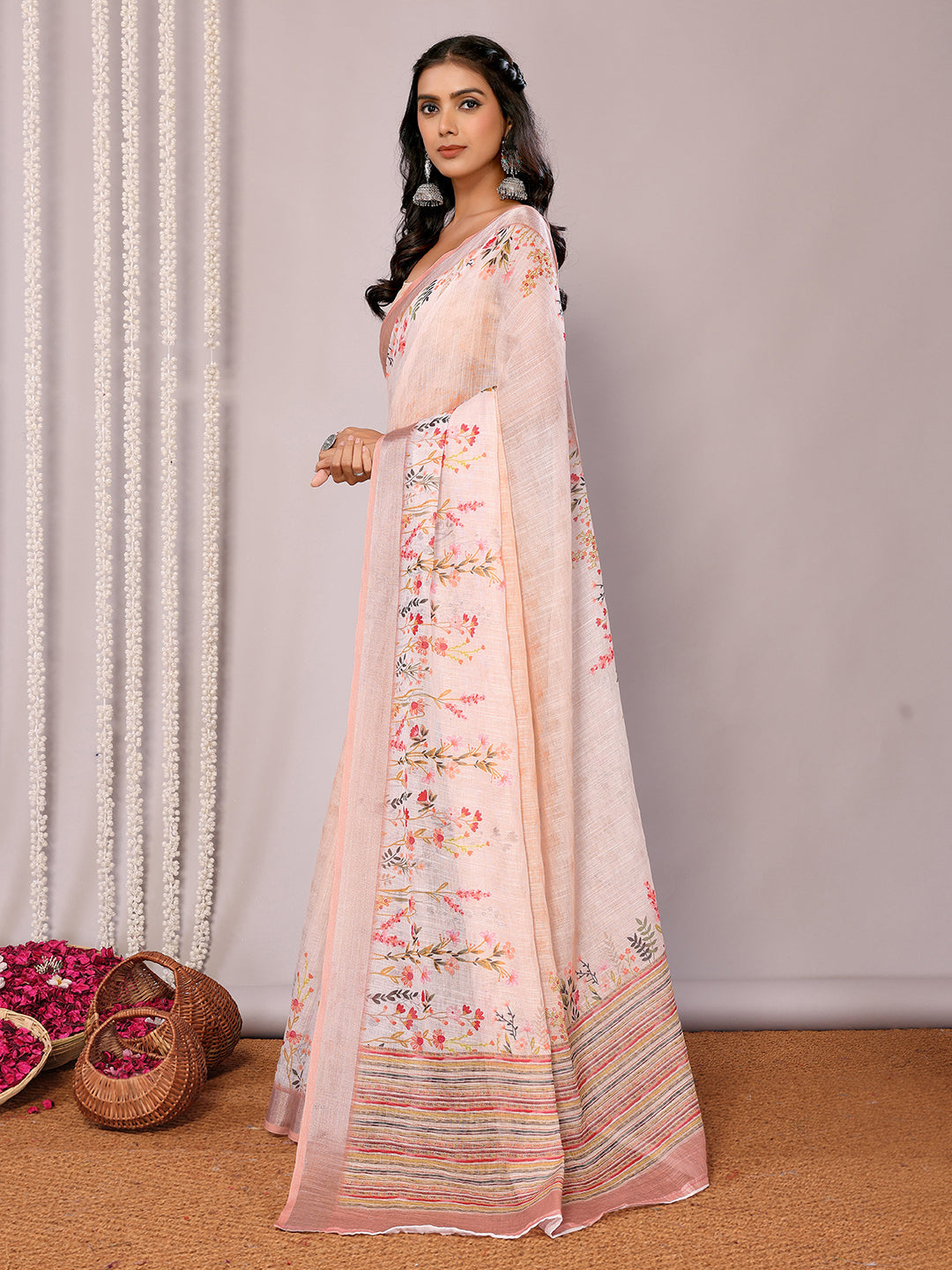 Janasya Peach Cotton Linen Floral Printed Saree | Grocsy