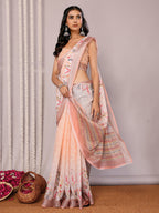Janasya Peach Cotton Linen Floral Printed Saree | Grocsy