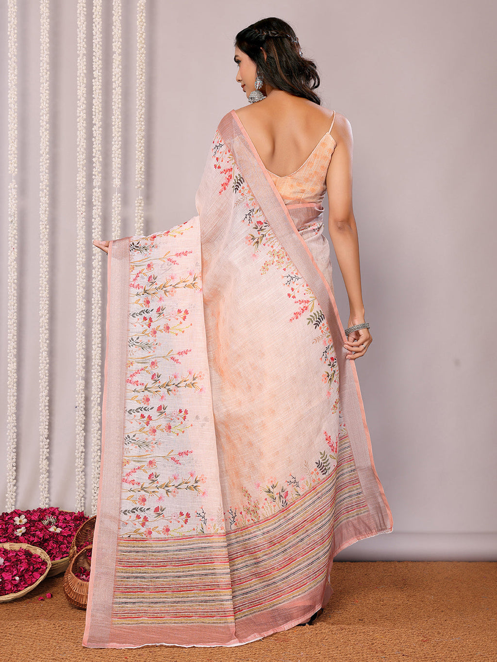 Janasya Peach Cotton Linen Floral Printed Saree | Grocsy