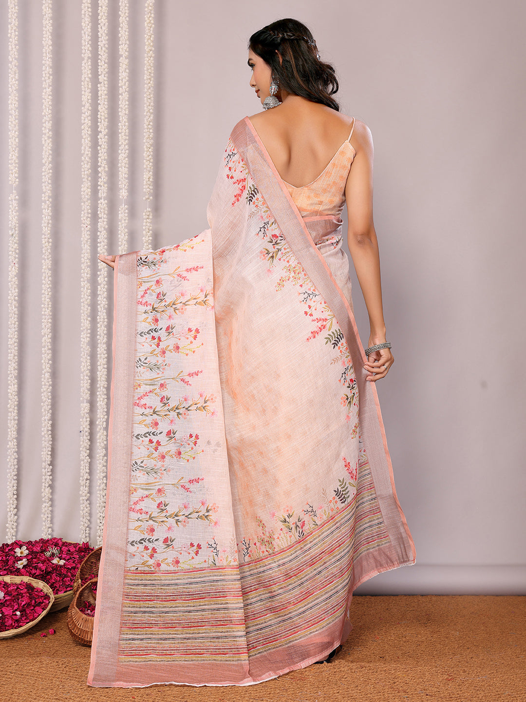 Janasya Peach Cotton Linen Floral Printed Saree | Grocsy
