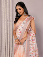 Janasya Peach Cotton Linen Floral Printed Saree | Grocsy