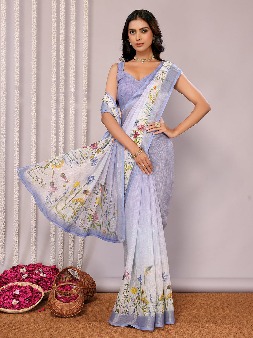 Janasya Lavender Cotton Linen Floral Printed Saree | Grocsy