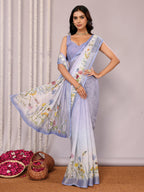 Janasya Lavender Cotton Linen Floral Printed Saree | Grocsy