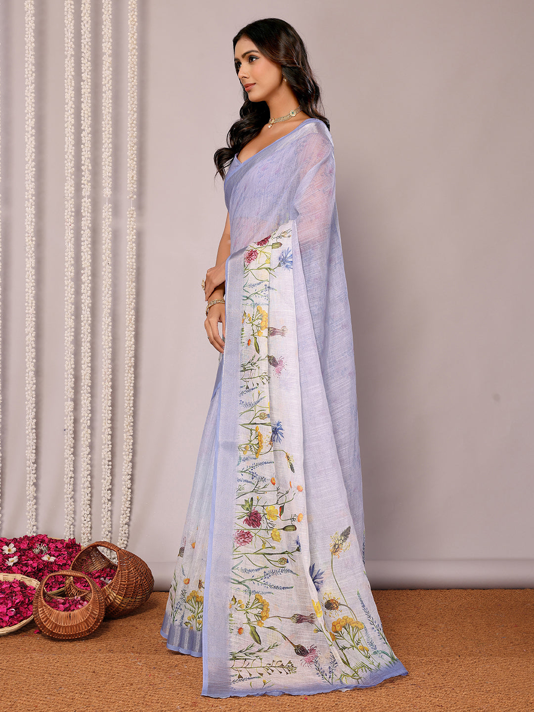 Janasya Lavender Cotton Linen Floral Printed Saree | Grocsy