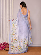 Janasya Lavender Cotton Linen Floral Printed Saree | Grocsy