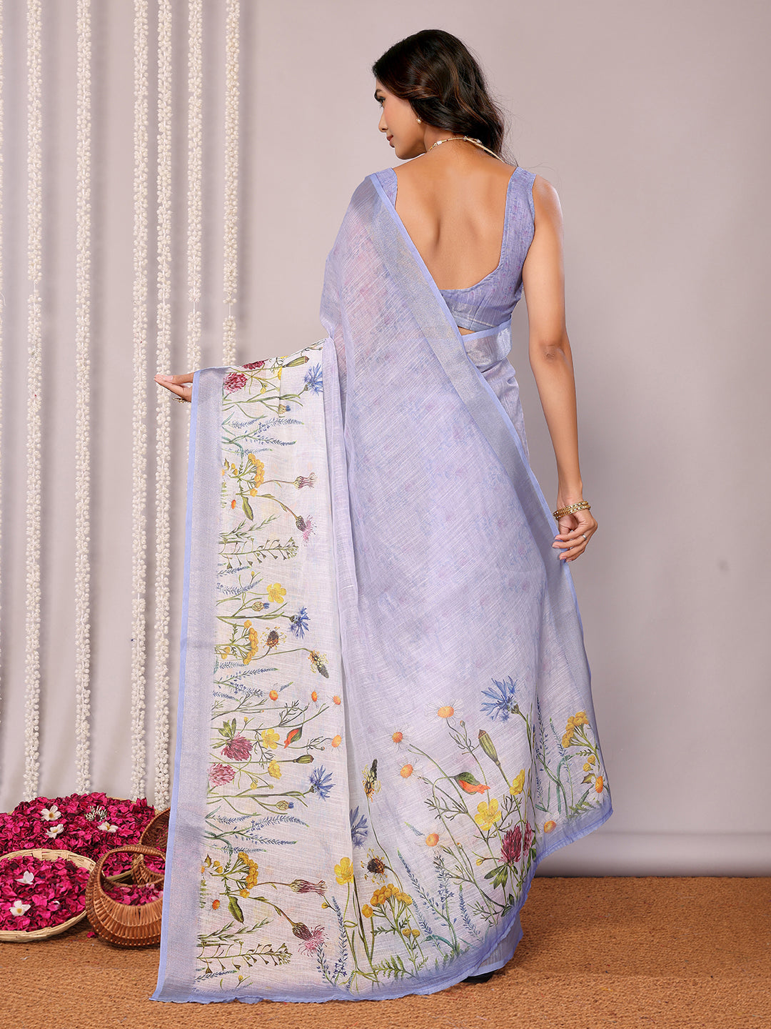 Janasya Lavender Cotton Linen Floral Printed Saree | Grocsy